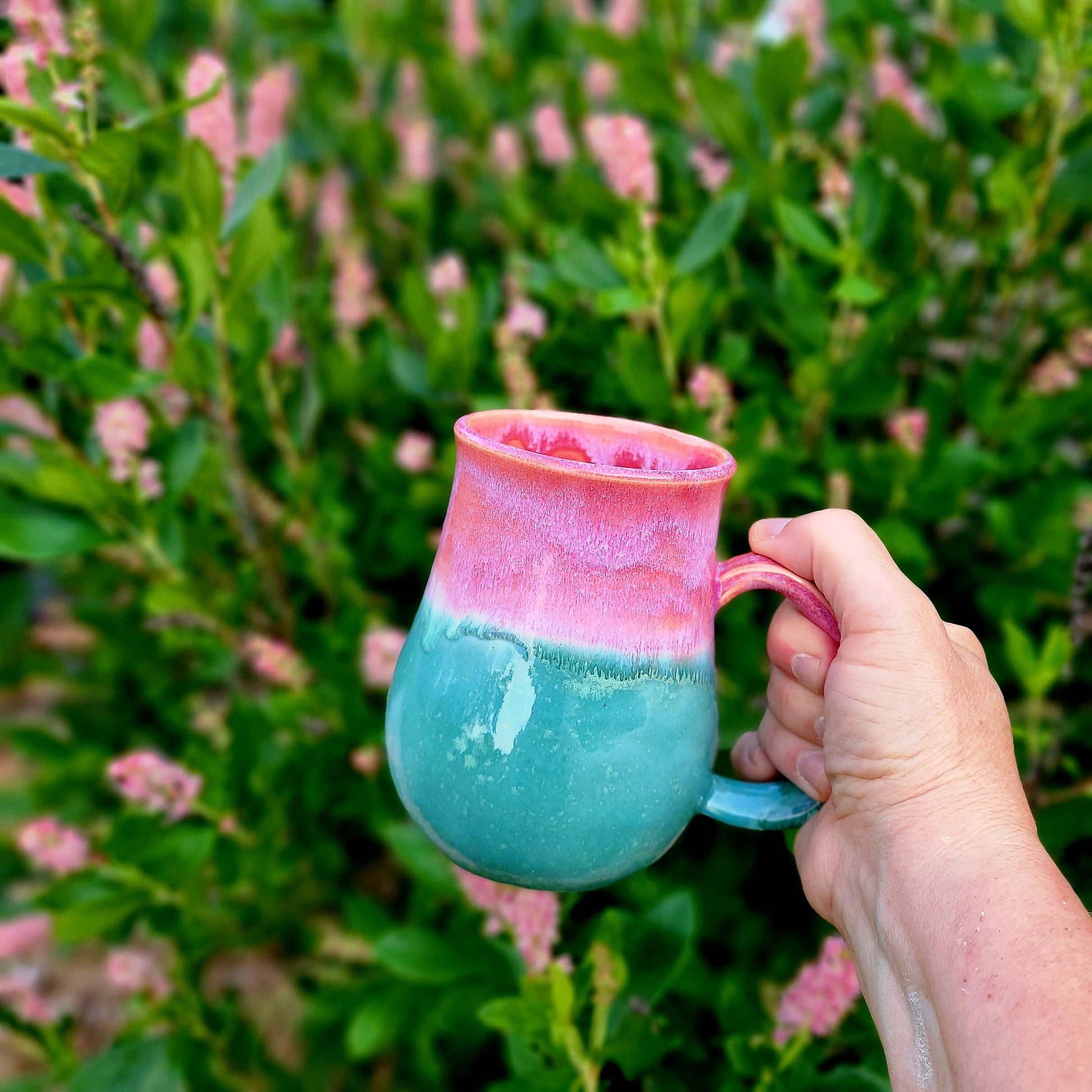 pink turquoise handmade mug