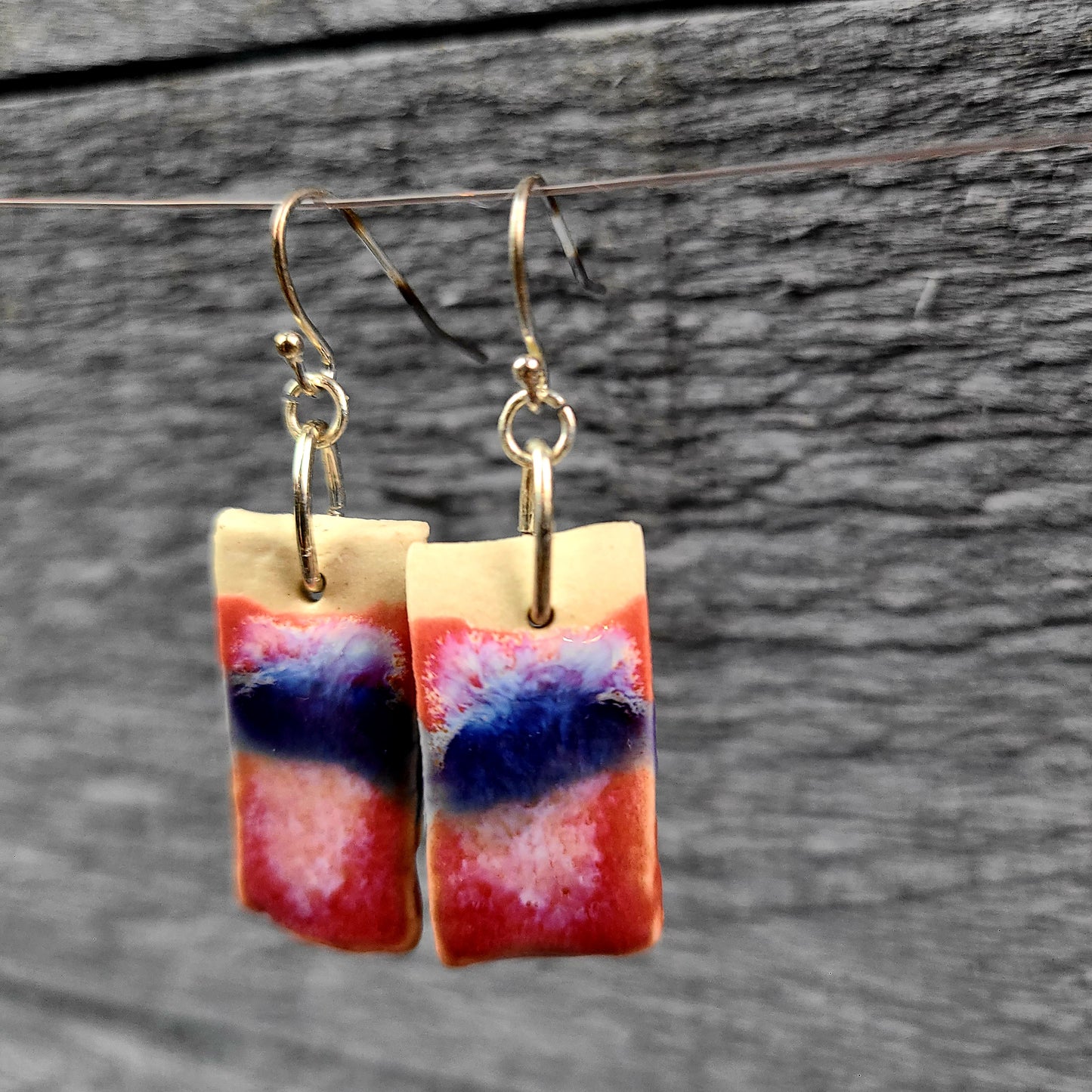 Handmade Porcelain Earrings - Pink/Coral & Purple Rectangles