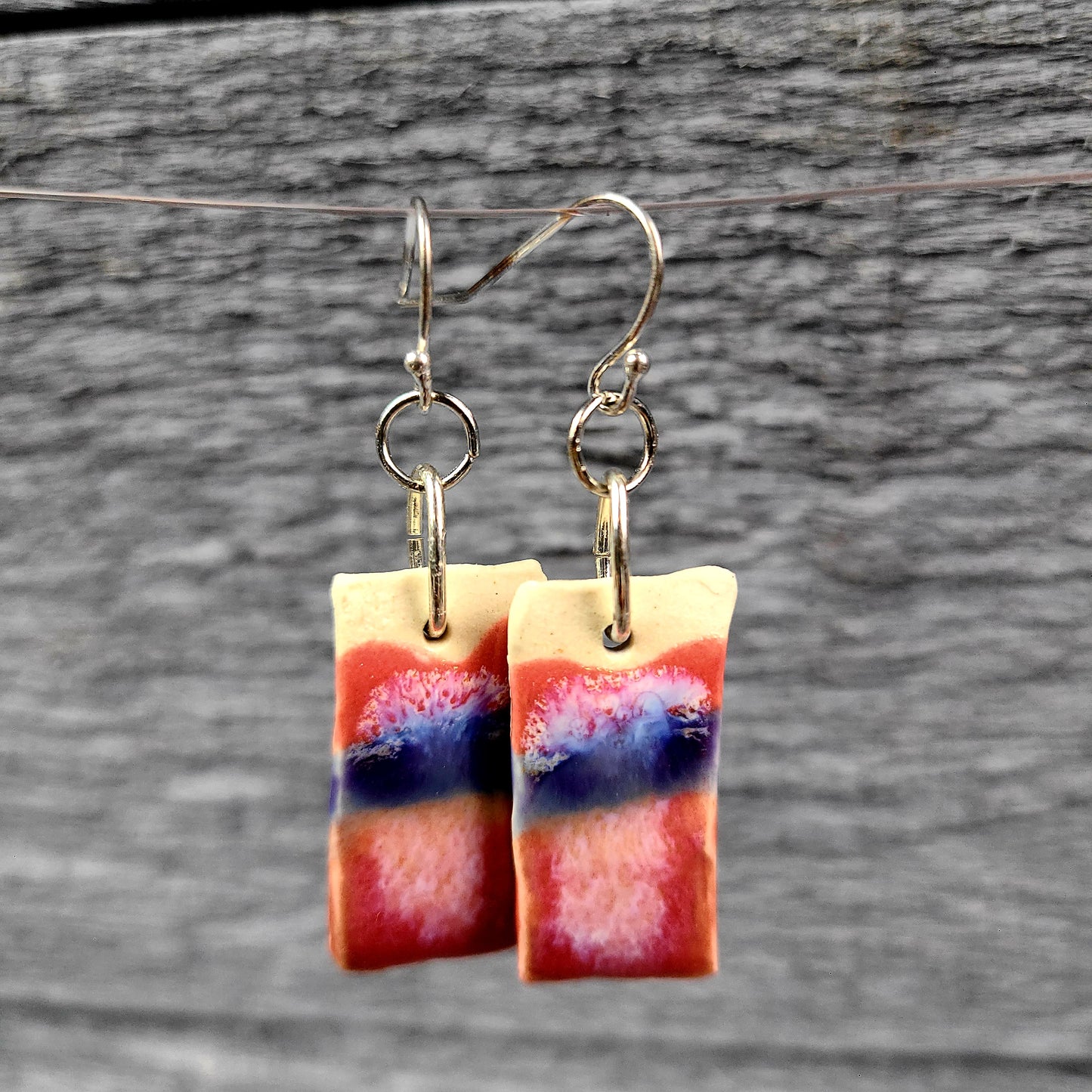 Handmade Porcelain Earrings - Pink/Coral & Purple Rectangles