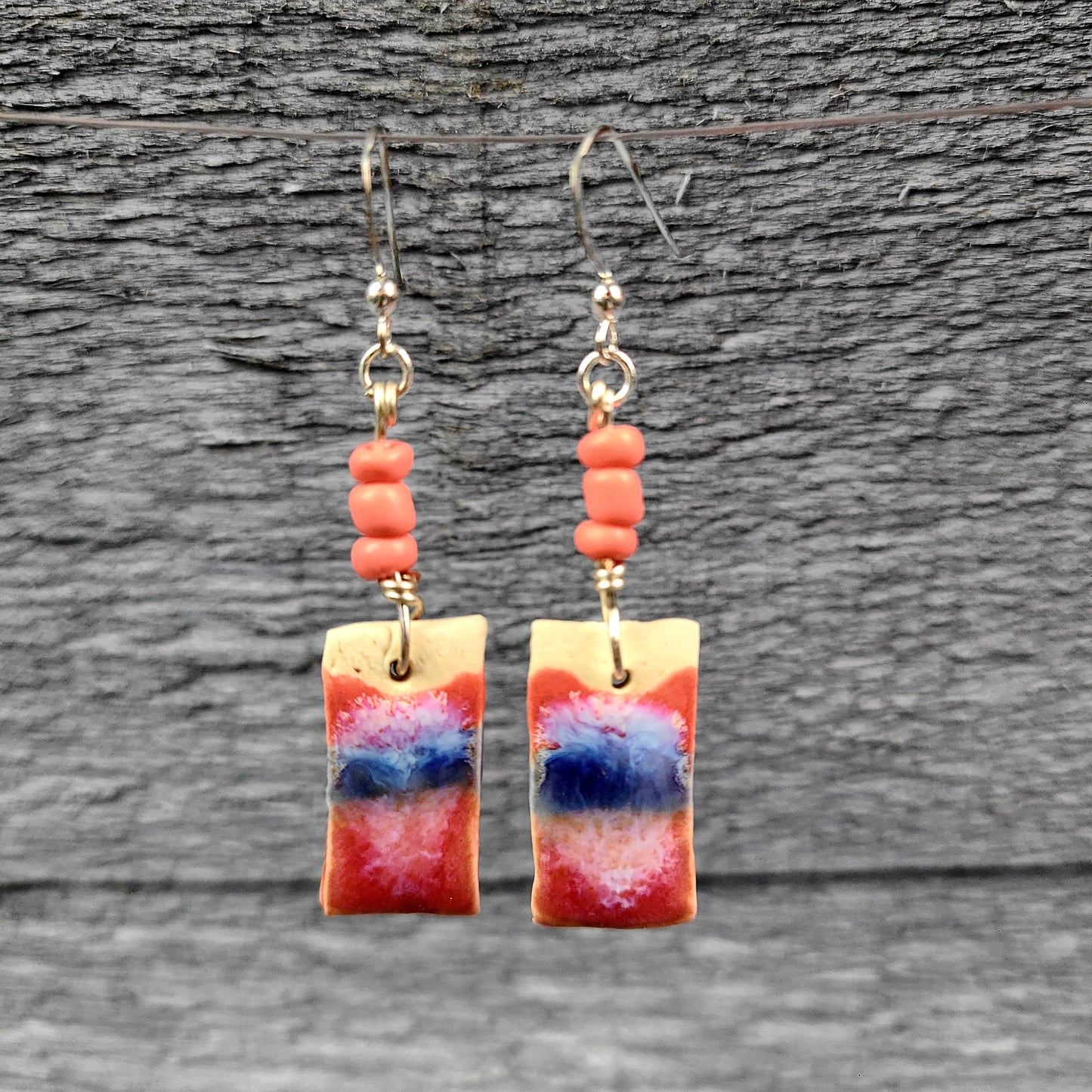 Handmade Porcelain Earrings - Pink/Coral & Purple Rectangles