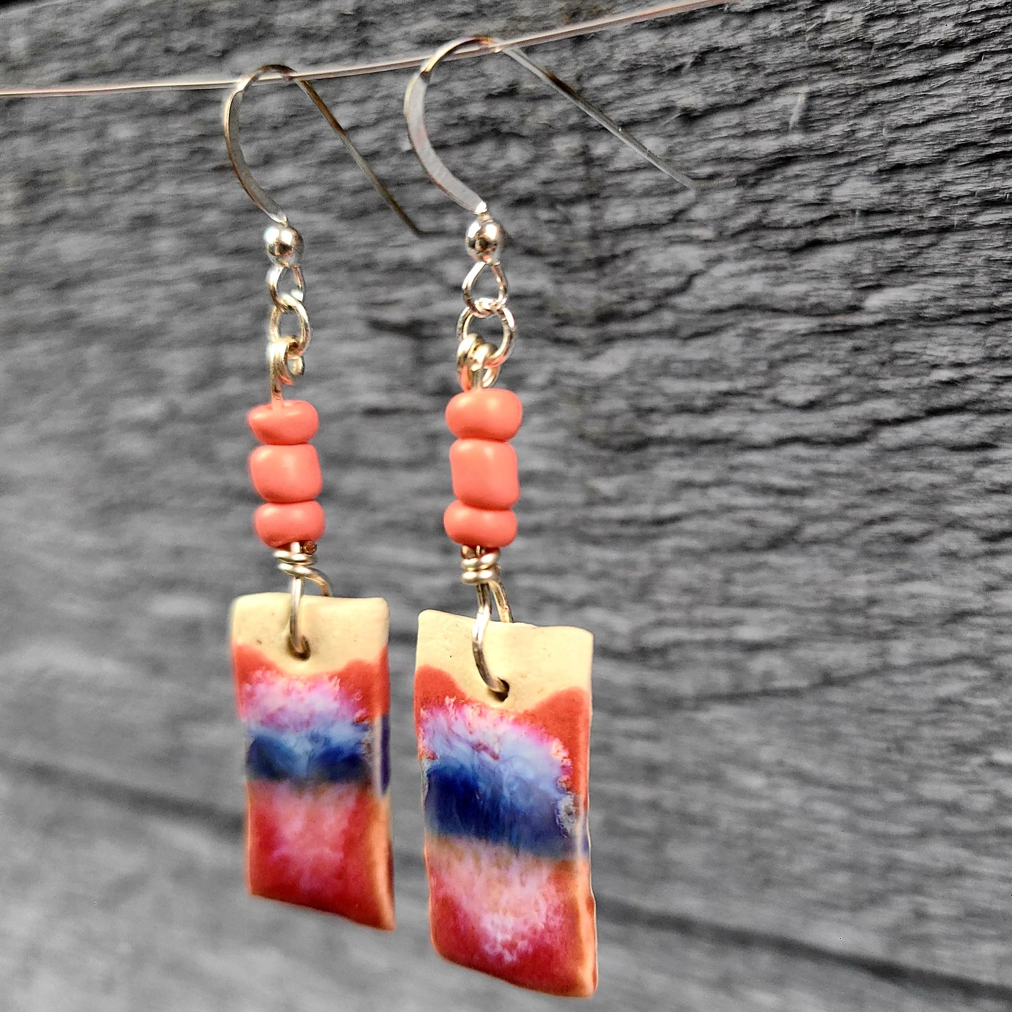 Handmade Porcelain Earrings - Pink/Coral & Purple Rectangles