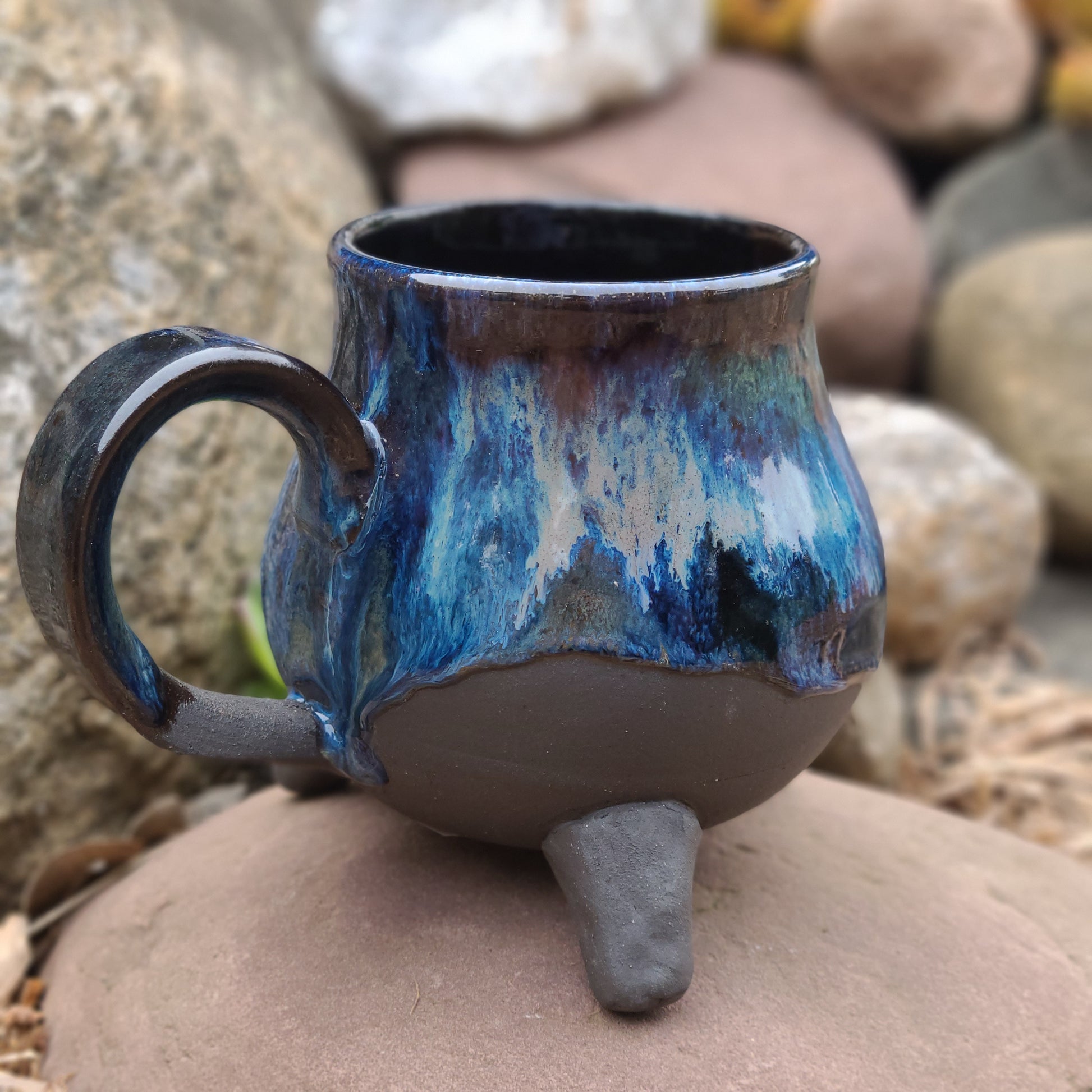 Handmade Pottery Mugs Cauldron Shaped Mugs Three (3) feet Large Handles & Large Mugs Many Colors on Black Clay